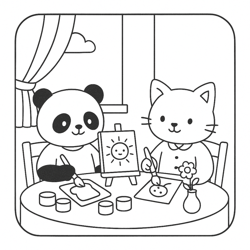 Desenho de panda e gato boobie goods para colorir com arte em progresso