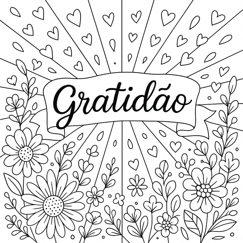 Desenho para colorir com a palavra Gratidão cercada por flores e corações.