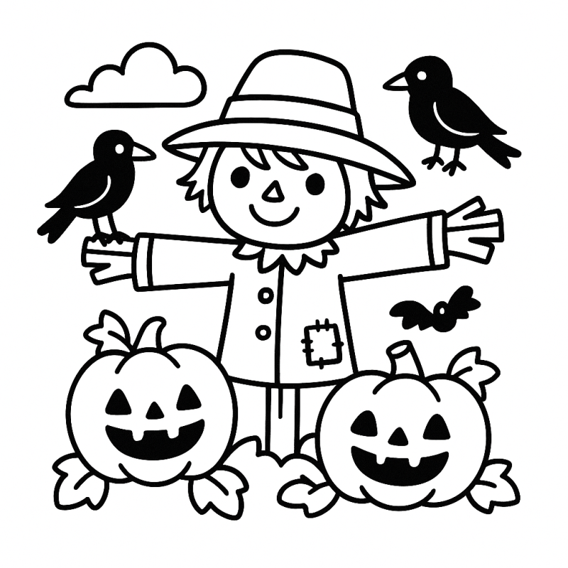 Colorir: Espantalho de Halloween com Abóboras e Corvos Desenho de espantalho de Halloween com abóboras e corvos para colorir