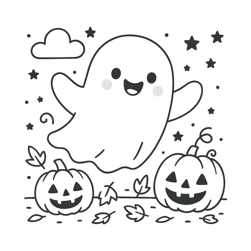 Desenho de Fantasma e Abóboras Mágicas para Colorir Desenho de Halloween com fantasma alegre e abóboras para colorir
