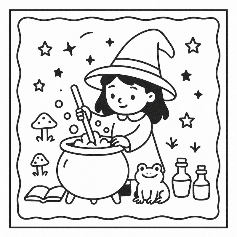 Desenho para Colorir: Jovem Bruxa e sua Poção Mágica