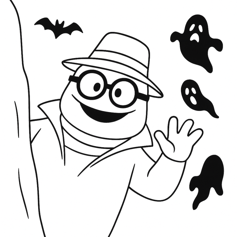 Desenho de Múmia Alegre e Amigos para Colorir Desenho da Múmia Alegre com amigos em cenário de Halloween para colorir