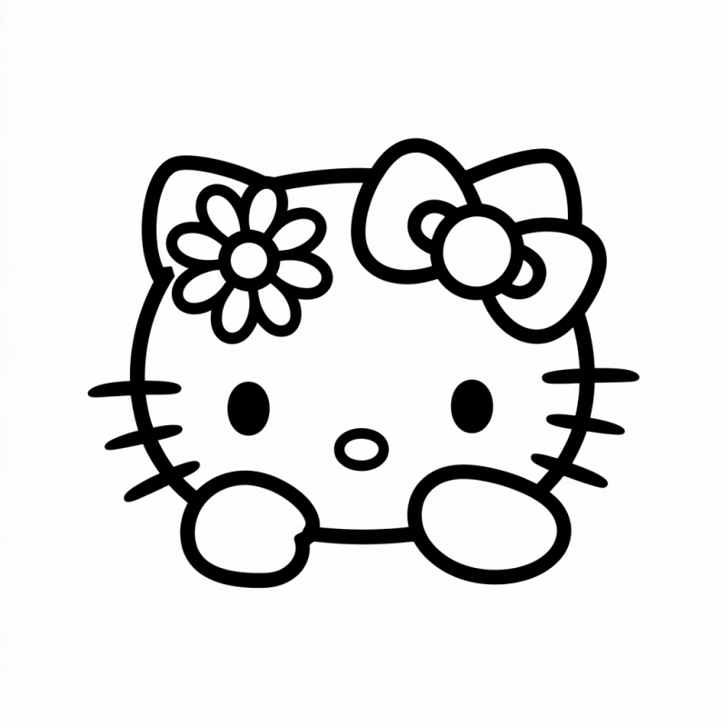 Desenho de Cabeça da Hello Kitty para Colorir com Laço e Flor