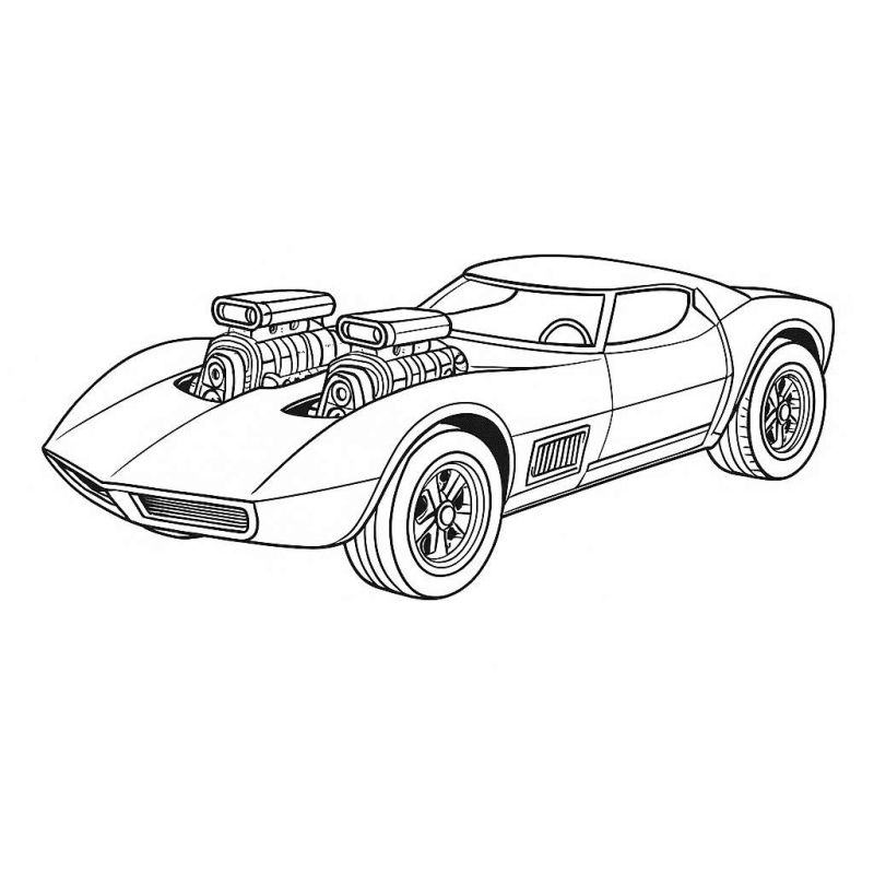 Desenho de carro esportivo tipo Hot Wheels para colorir, com design aerodinâmico e rodas grandes.