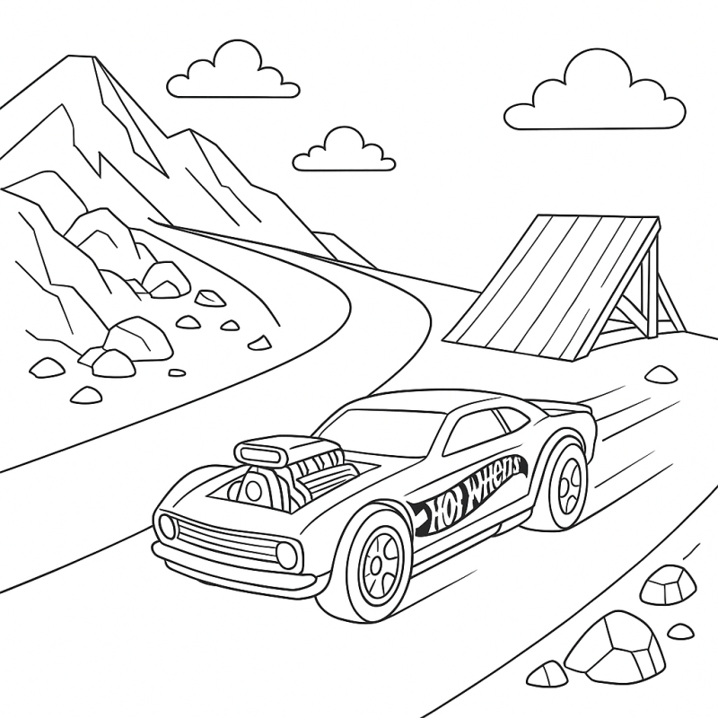 Desenho de um carro Hot Wheels em alta velocidade na montanha para colorir