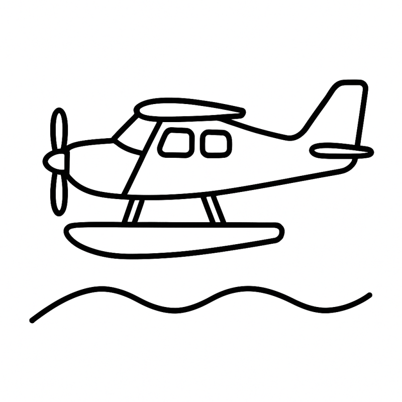 Desenho simples de hidroavião para colorir, com detalhes em flutuadores e hélice.