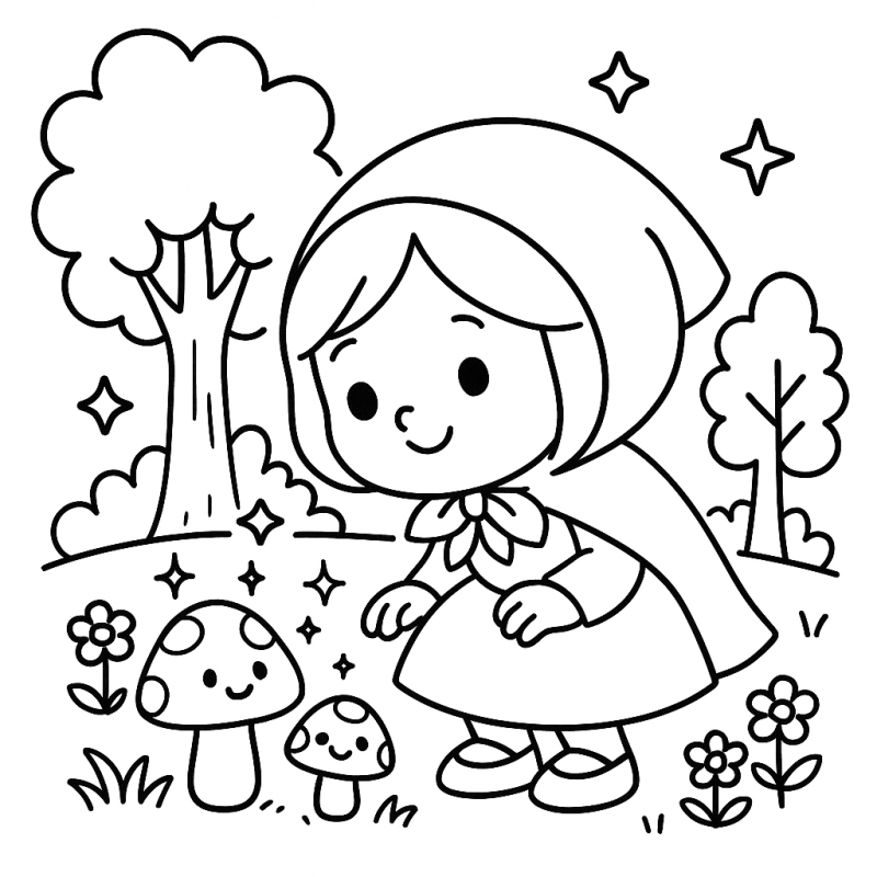 Desenho mágico do bosque com Chapeuzinho Vermelho e cogumelos sorridentes para colorir