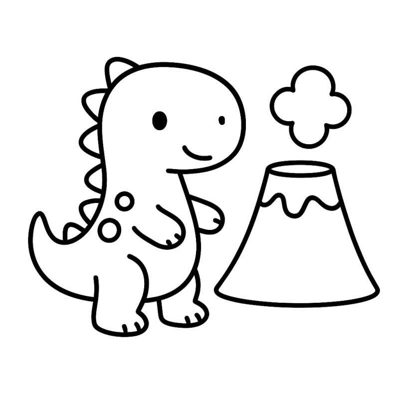 Desenho de dinossauro amigável com vulcão para colorir