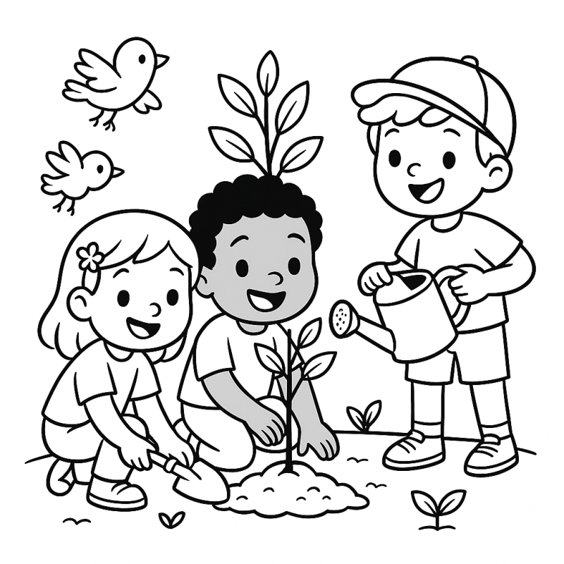 Três crianças fazendo jardinagem em um ambiente alegre e educativo.