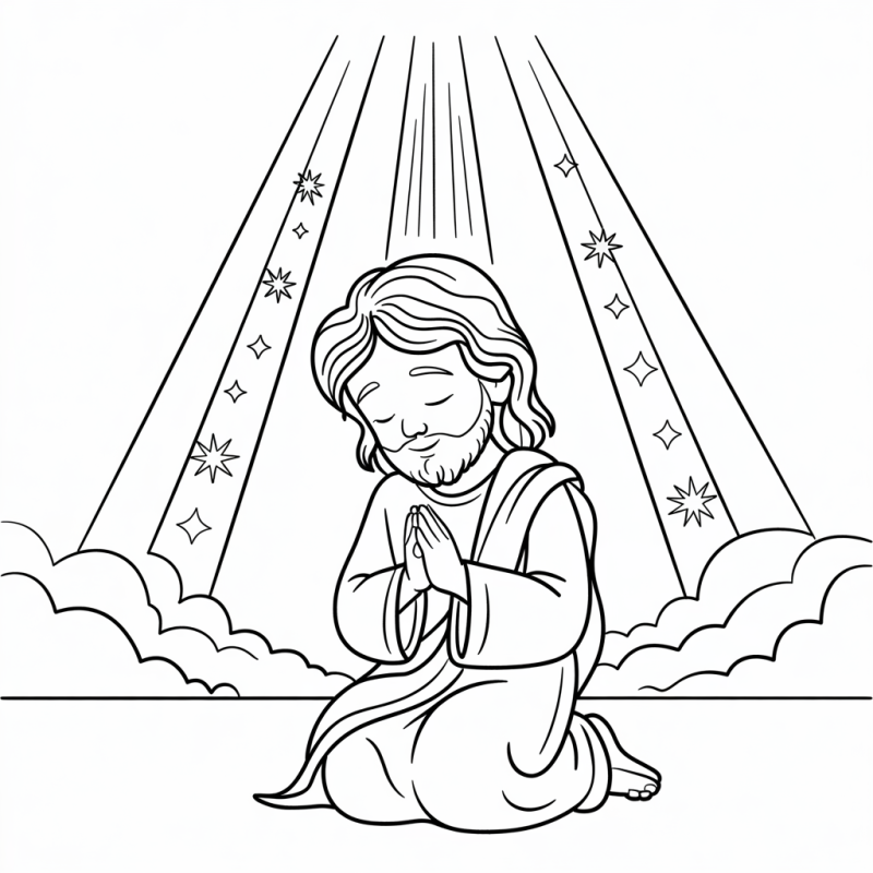 Desenho de Jesus orando para colorir, com raios de luz e estrelas