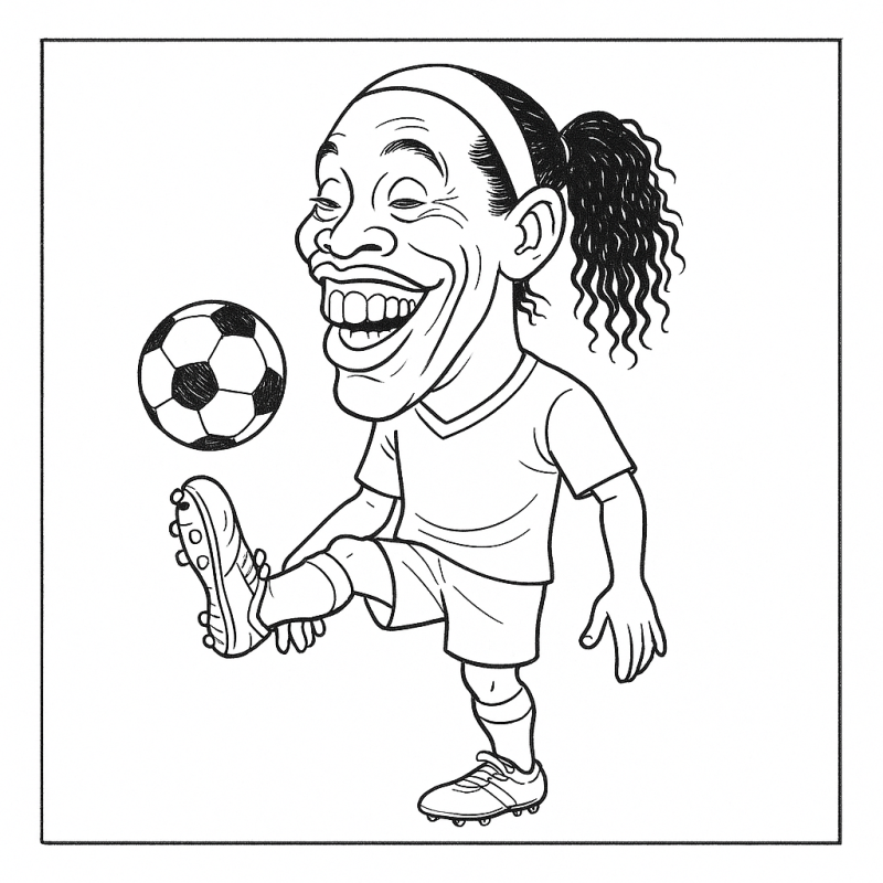 Desenho para colorir de Ronaldinho Gaúcho em ação com uma bola, destacando alegria e diversão.