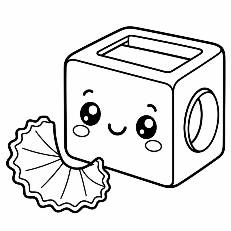 Desenho para colorir de um apontador sorridente ao lado de uma raspa de lápis