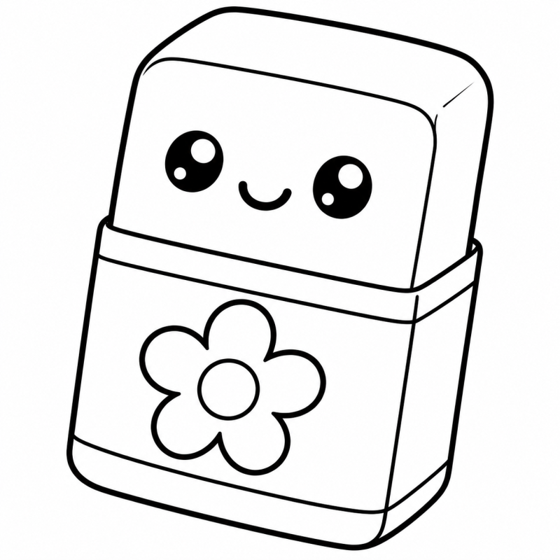 Desenho para colorir de uma borracha sorridente com capa de papel decorada por uma flor