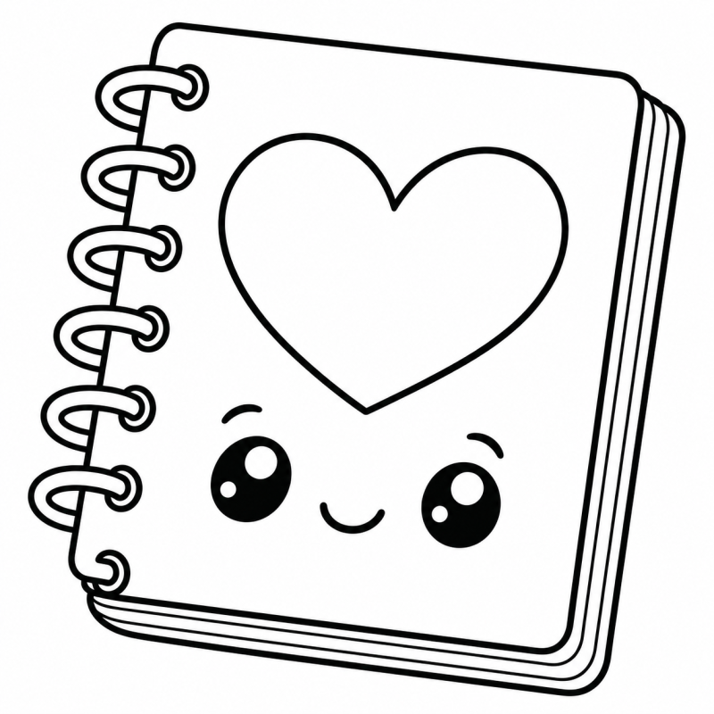 Desenho para colorir de um caderno de espiral sorridente com um coração na capa