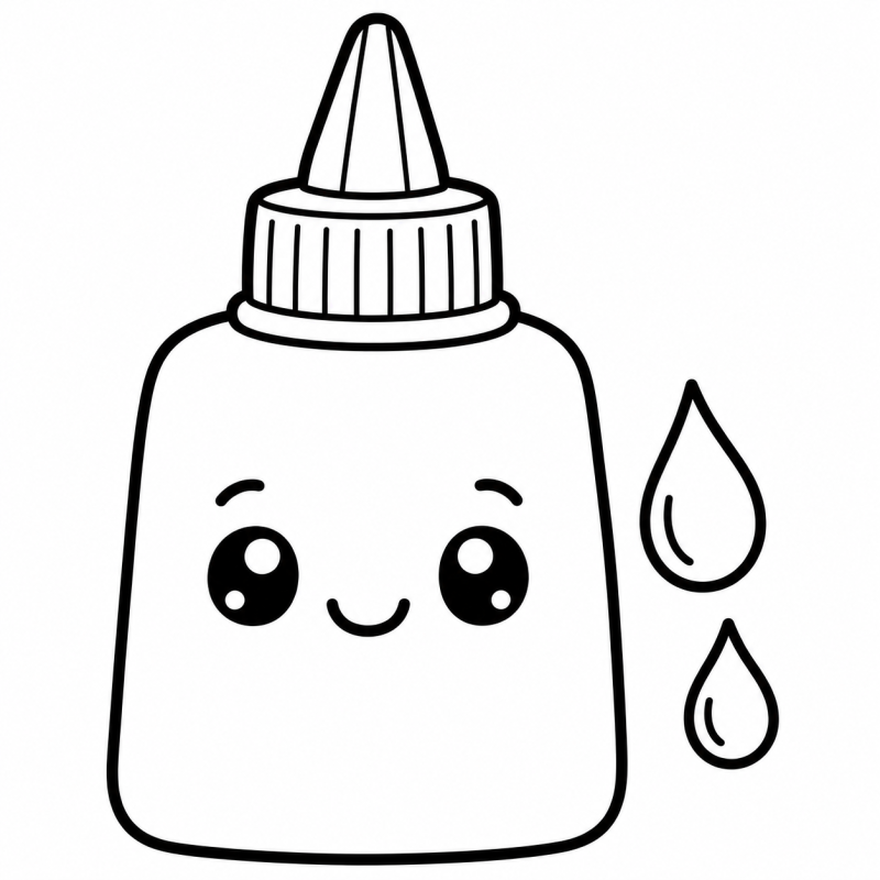 Desenho para colorir de um frasco de cola sorridente acompanhado por duas gotas