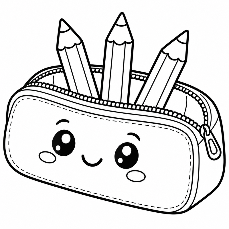 Desenho para colorir de um estojo sorridente aberto com três lápis