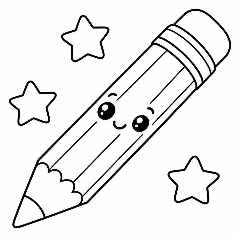 Desenho para colorir de um lápis grande sorridente cercado por estrelas