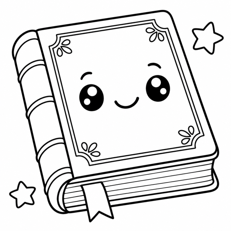 Desenho para colorir de um livro fechado sorridente com marcador de fita