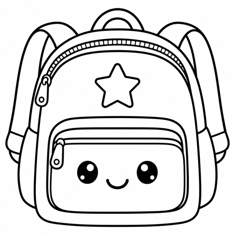 Desenho para colorir de uma mochila sorridente com bolso decorado por uma estrela
