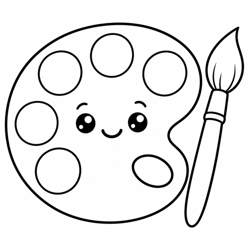 Desenho para colorir de uma paleta sorridente com pincel e espaços de tinta