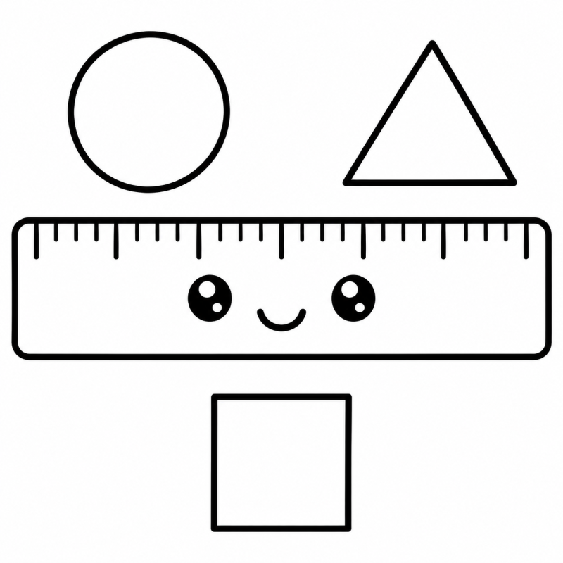 Desenho para colorir de uma régua sorridente acompanhada por círculo triângulo e quadrado