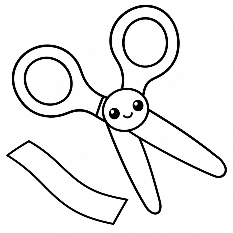 Desenho para colorir de uma tesoura escolar de ponta arredondada junto de uma tira de papel