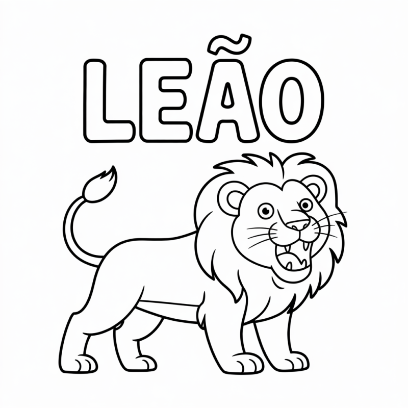 Desenho de Leão para Colorir e Aprender Palavras