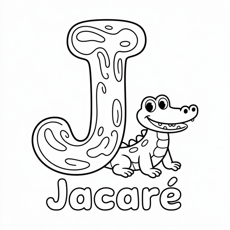 Desenho de uma letra J grande com um jacaré sorridente