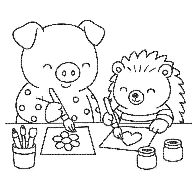Porquinho e ouriço pintando juntos, um desenho de Cozy Friends para colorir