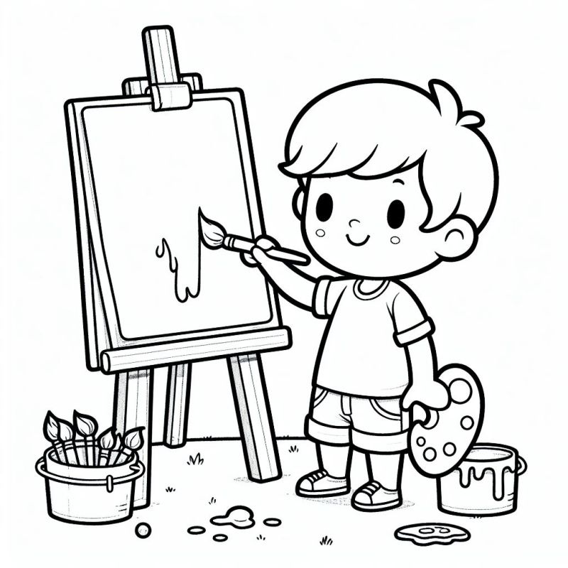 Menino Pintando no Cavalete - Desenho para Colorir