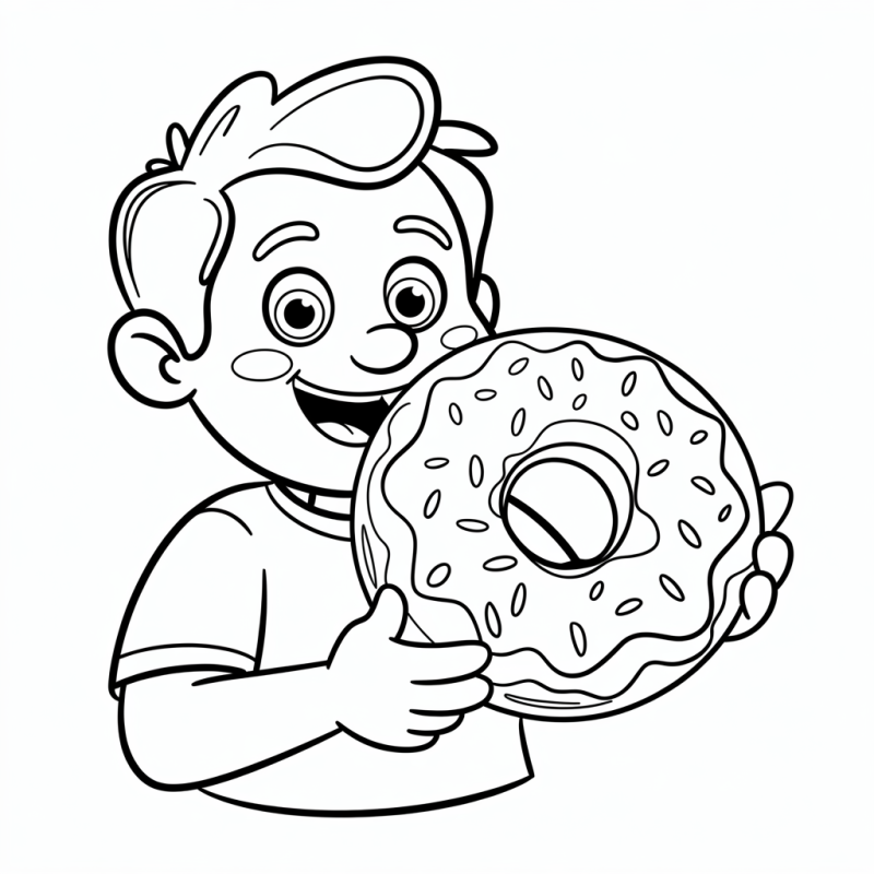 Desenho para colorir de um menino sorridente segurando um donut