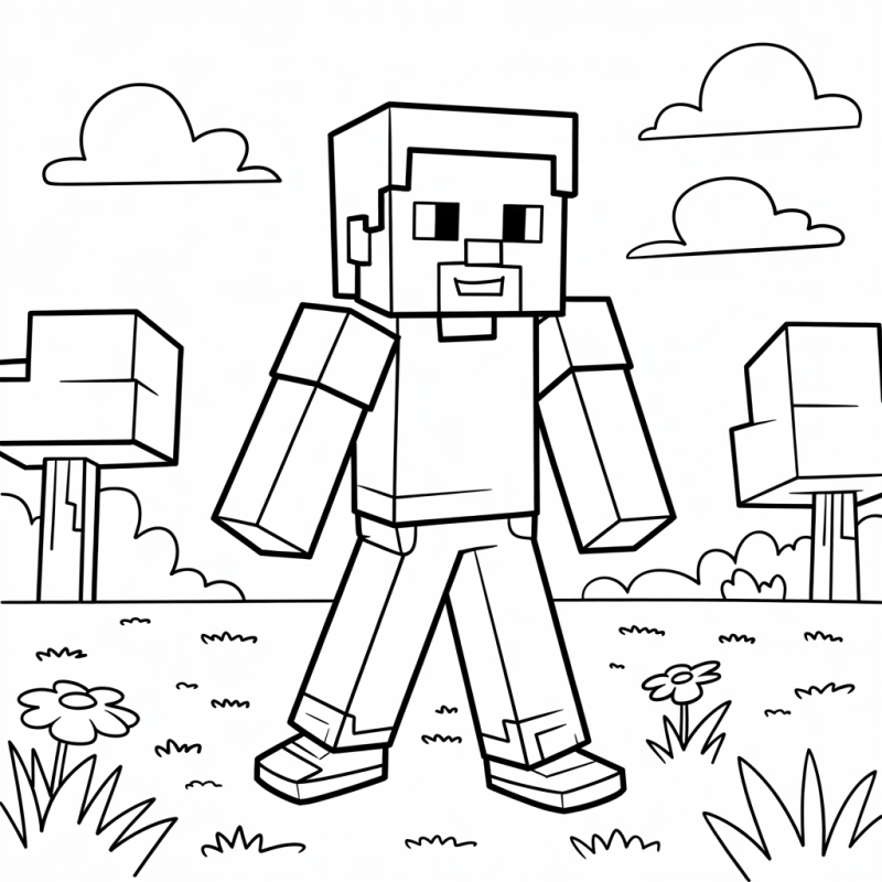 Desenho de personagem estilo Minecraft caminhando sobre grama com árvores cúbicas.