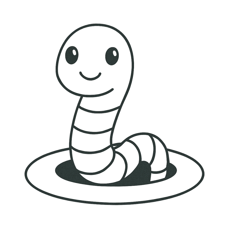 Desenho de minhoca sorridente saindo do buraco para colorir