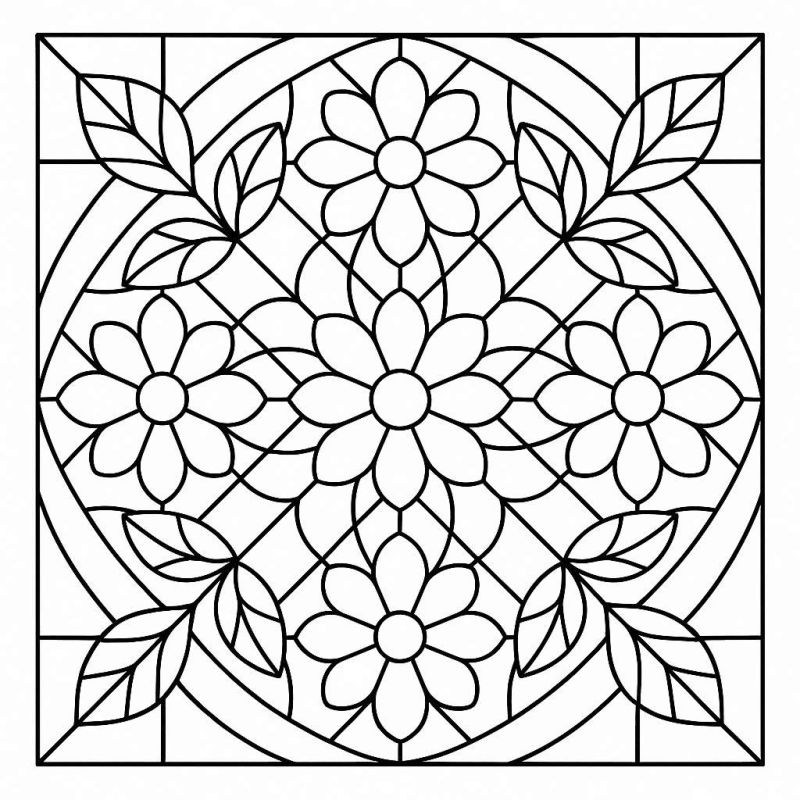 Desenho de mosaico para colorir com flores e padrões geométricos
