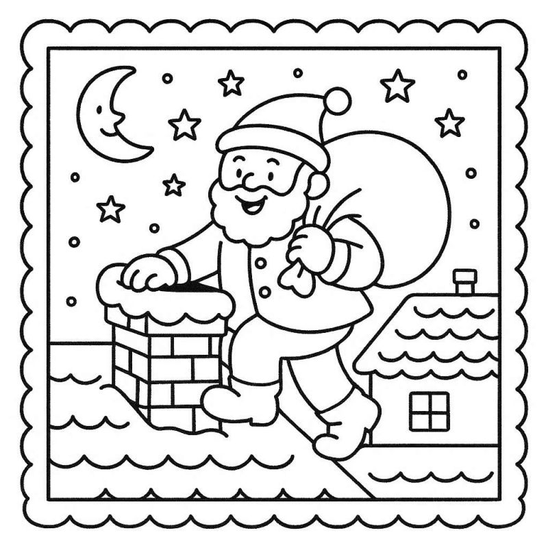 Desenho de Papai Noel caminhando no telhado durante a noite de Natal.