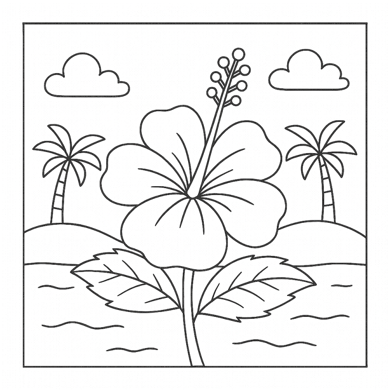 Desenho de uma flor cênica com rio e palmeiras para colorir.