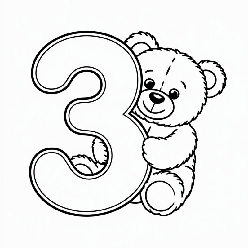 Desenho de um ursinho sorridente abraçando o número 3 para colorir