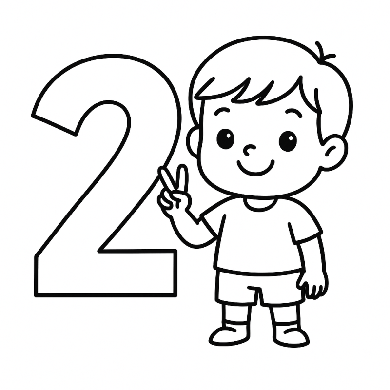 Divertido Desenho do Número Dois com Criança para Colorir