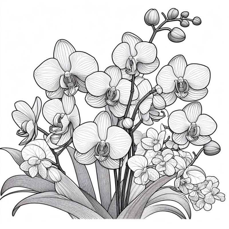Desenho detalhado de orquídeas em preto e branco para colorir