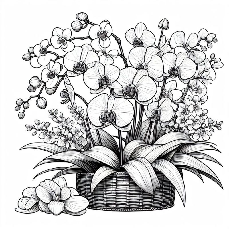 Desenho de um cesto com orquídeas realistas para colorir