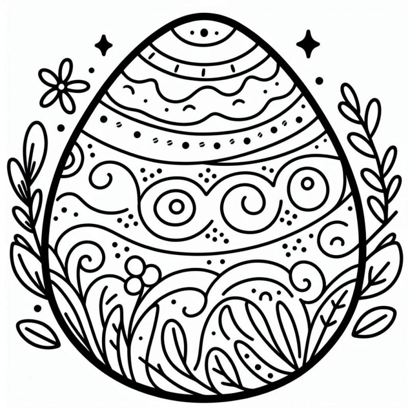 Desenho de um ovo de Páscoa decorado com padrões variados para colorir
