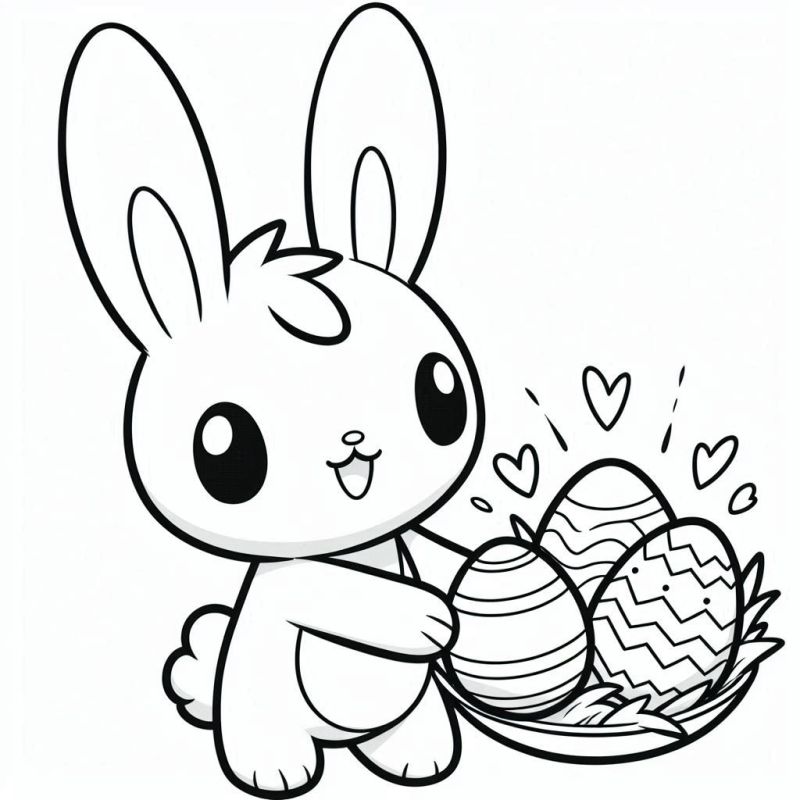 Desenho de coelhinho da Páscoa com cesta cheia de ovos para colorir