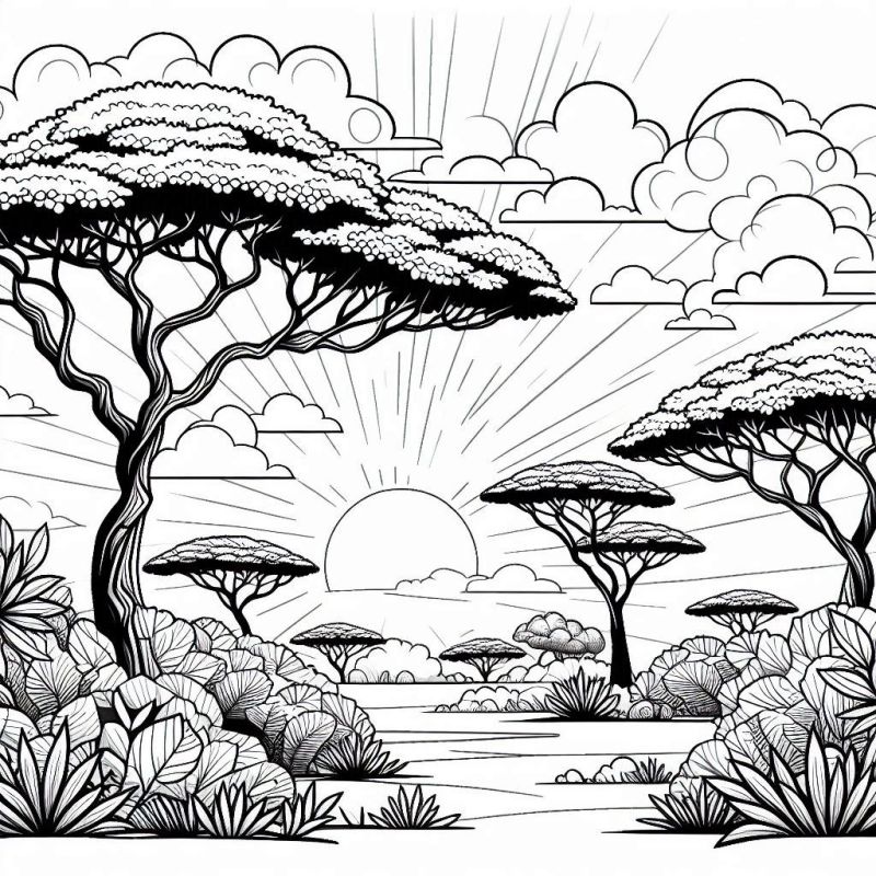 Desenho detalhado de uma paisagem natural com árvores de copa larga e pôr do sol