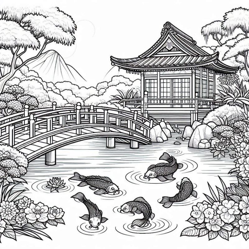 Desenho para colorir de um belo jardim oriental com lago, peixes koi, ponte de madeira e pavilhão tradicional.