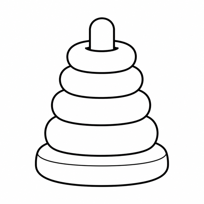 Desenho para colorir de brinquedo de argolas empilhadas em pino com base arredondada