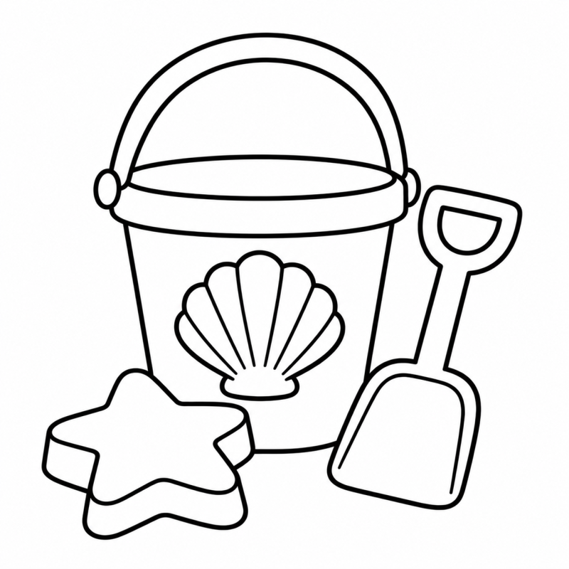 Desenho para colorir de balde de praia com desenho de concha, pá e forminha de estrela