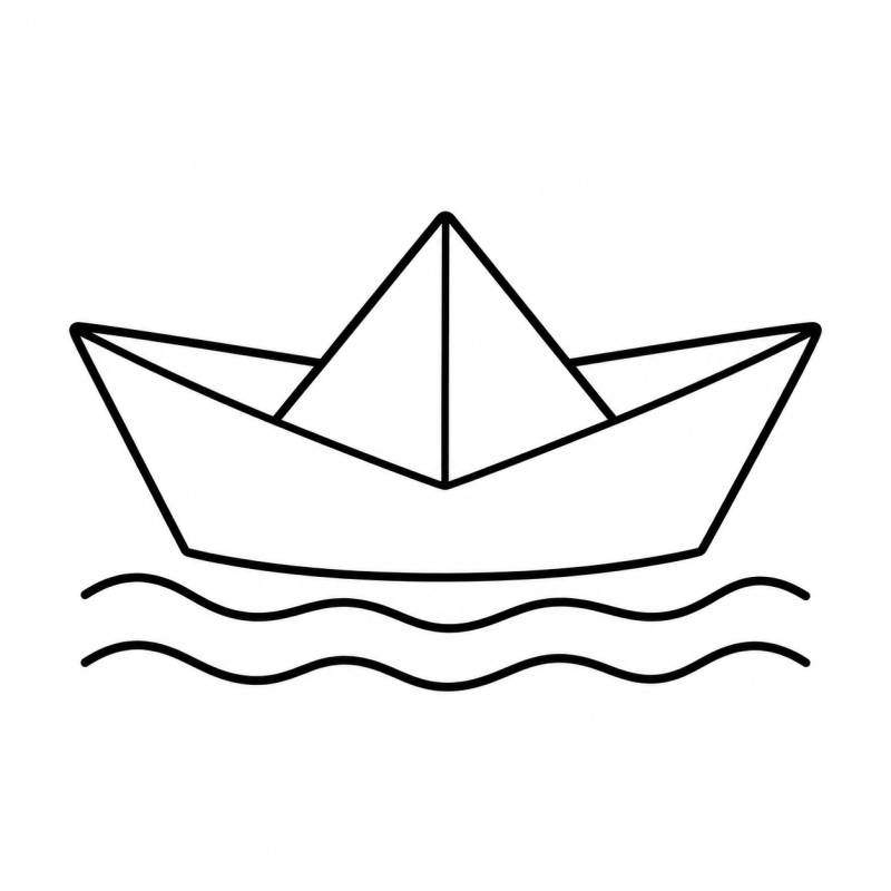 Desenho para colorir de barquinho de papel com ponta triangular e duas linhas de ondas
