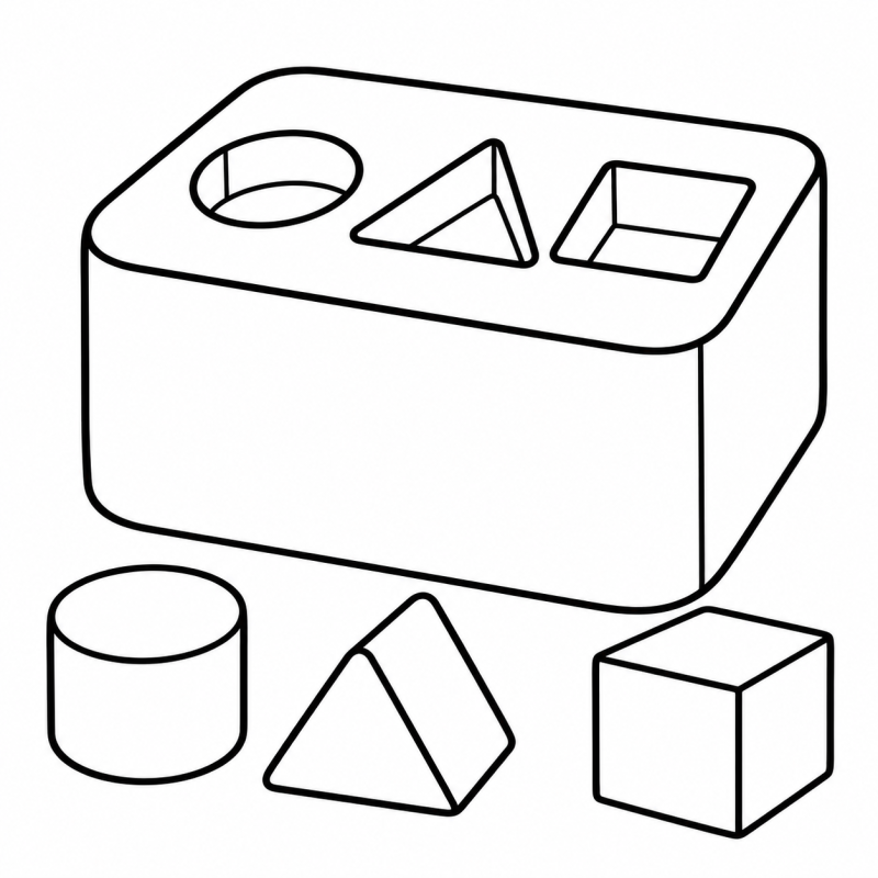 Desenho para colorir de caixa de encaixe com aberturas circular, triangular e quadrada e três blocos