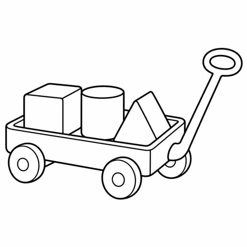 Desenho para colorir de carrinho de puxar levando cubo, cilindro e bloco triangular