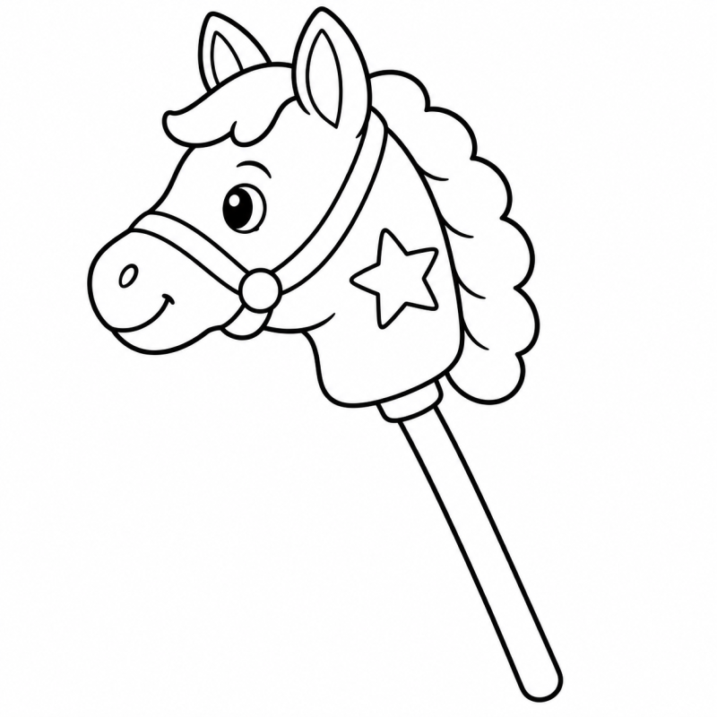 Desenho para colorir de cavalinho de pau com crina ondulada, cabresto e estrela na lateral